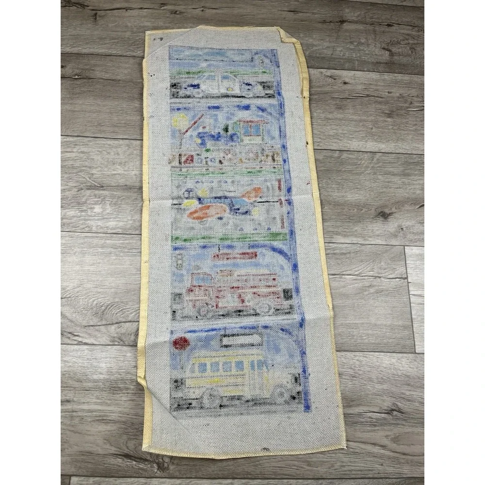 Handpainted Needlepoint Canvas Fire Truck Police Car School Bus Train Airplane